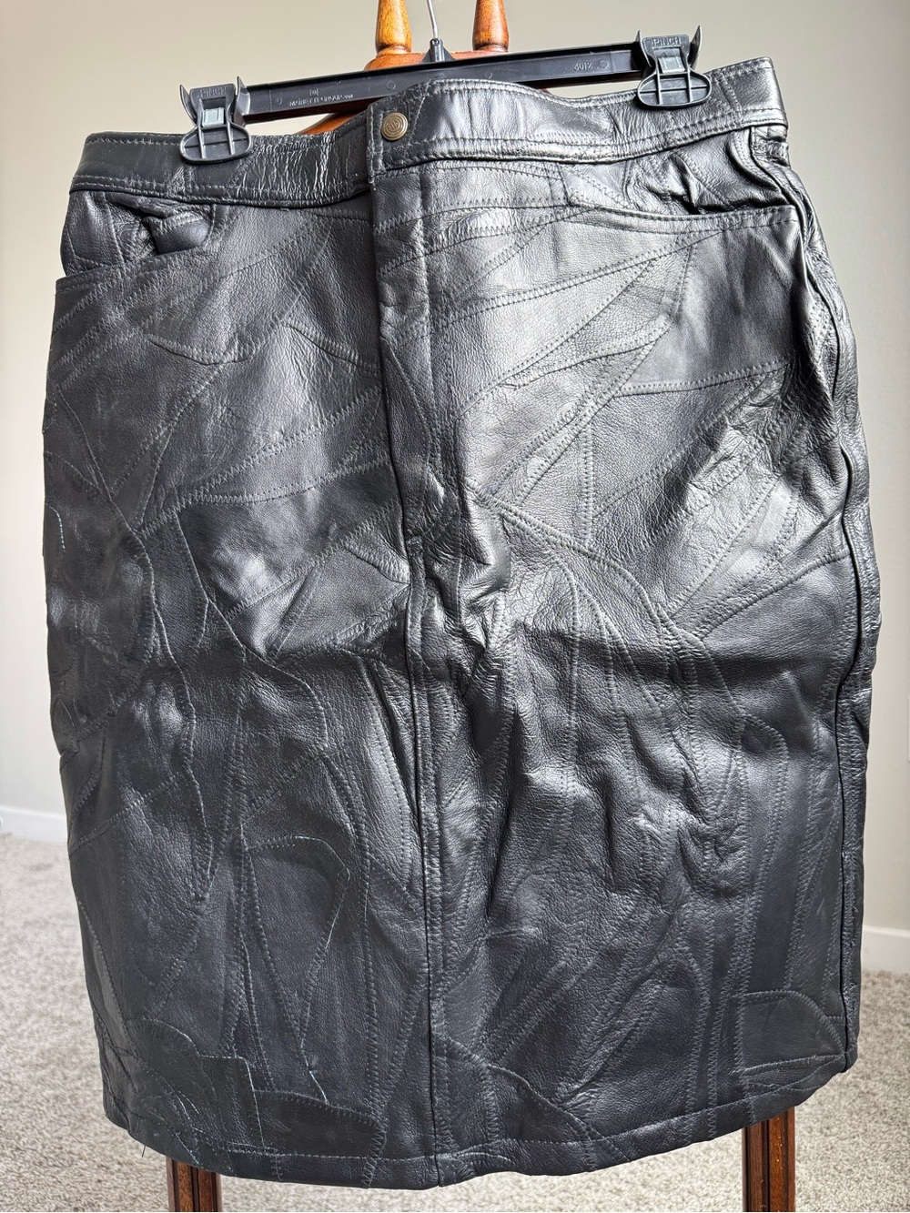 Vintage Genuine Leather Patchwork Mini Skirt High Waist 90s Leather Pencil Skirt